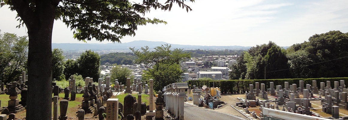 木々に囲まれた三笠霊苑の墓地と奈良盆地の眺め